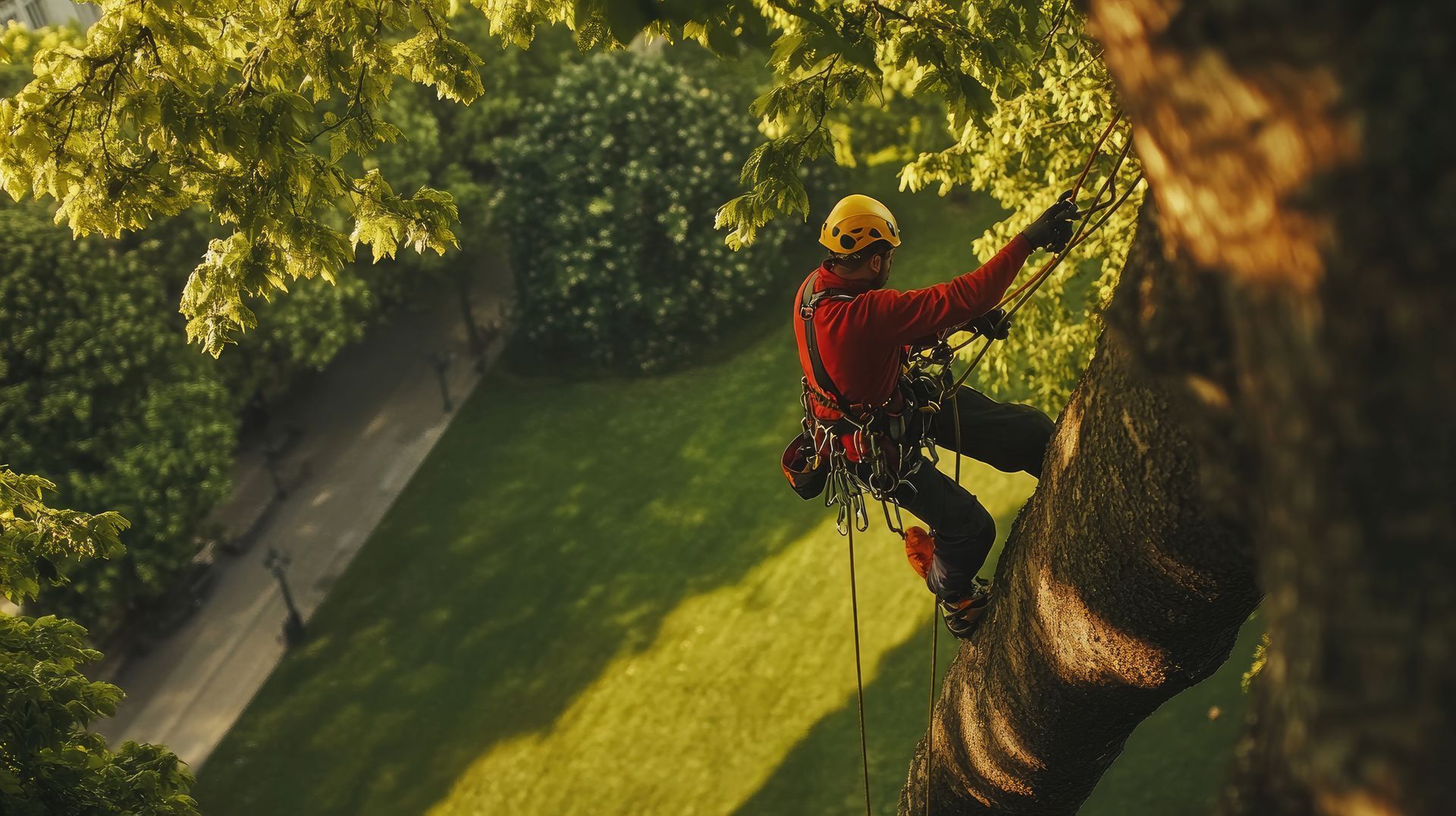 Arborist in orange shirt and helmet climbing a tree with ropes, green lawn below. Arborist in orange shirt and helmet climbing a tree with ropes, green lawn below.