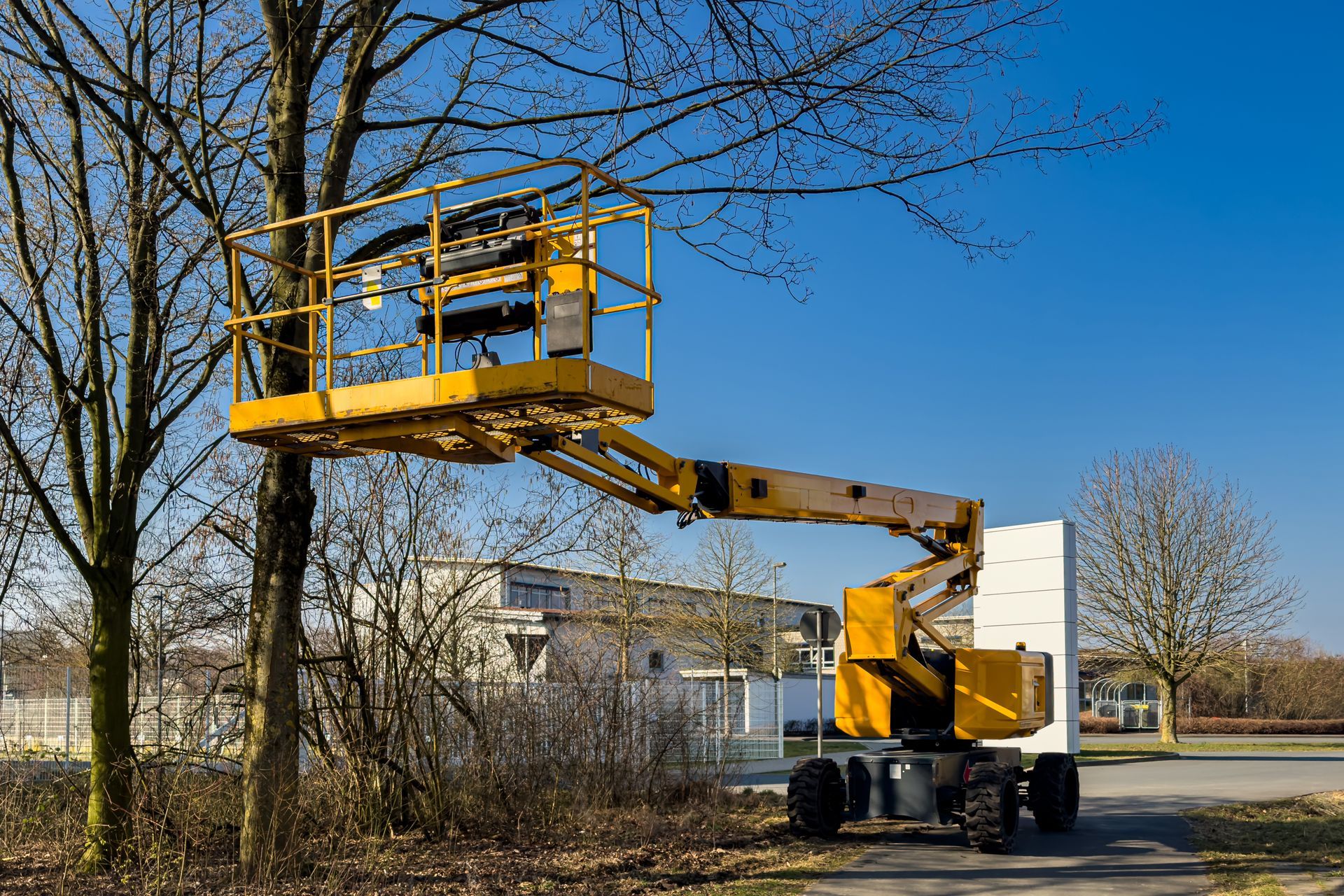 Yellow aerial lift trimming a tree against a clear, blue sky. Yellow aerial lift trimming a tree against a clear, blue sky.