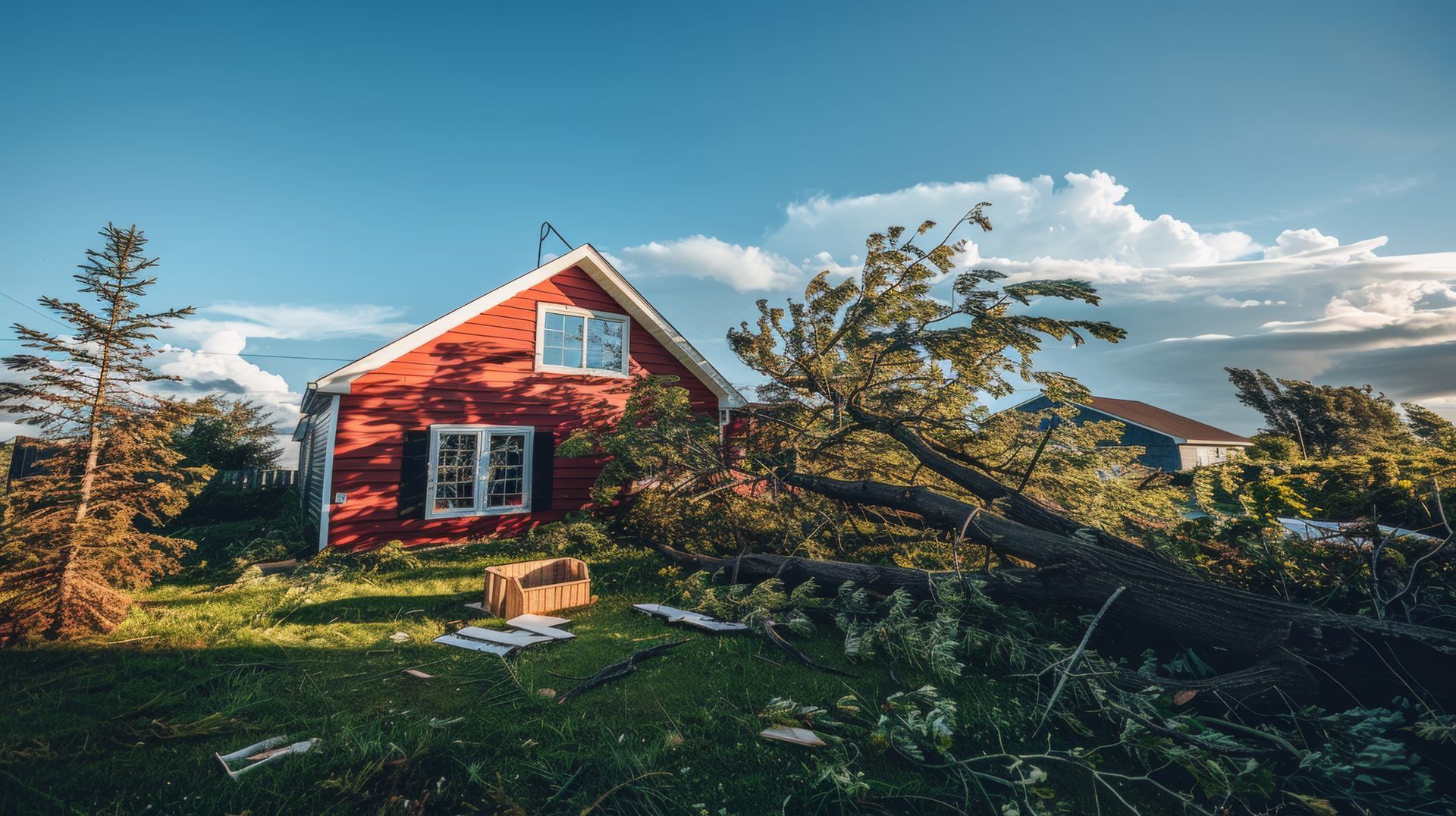Red house damaged by fallen tree on a sunny day.