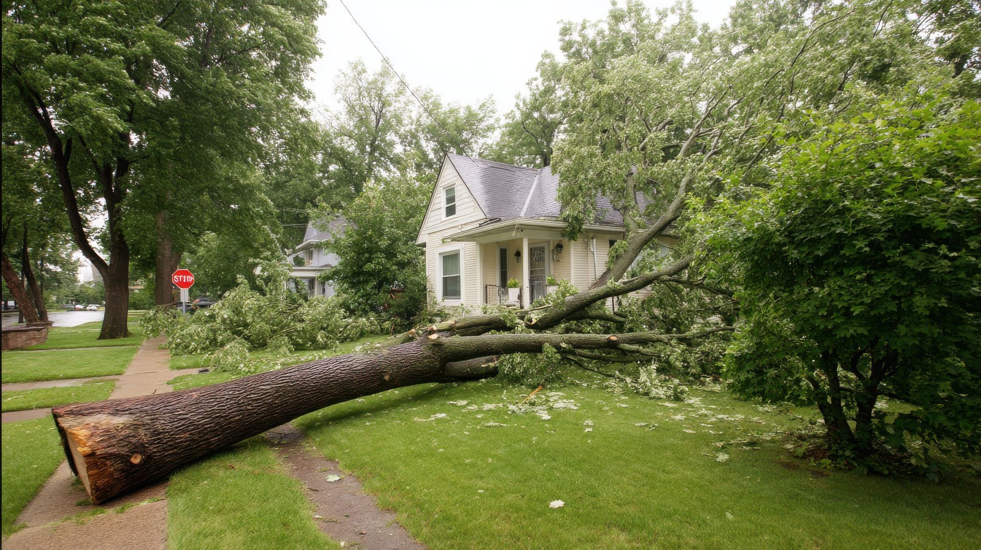 Fallen tree on a lawn next to a house; branches and debris strewn about. Overcast sky.