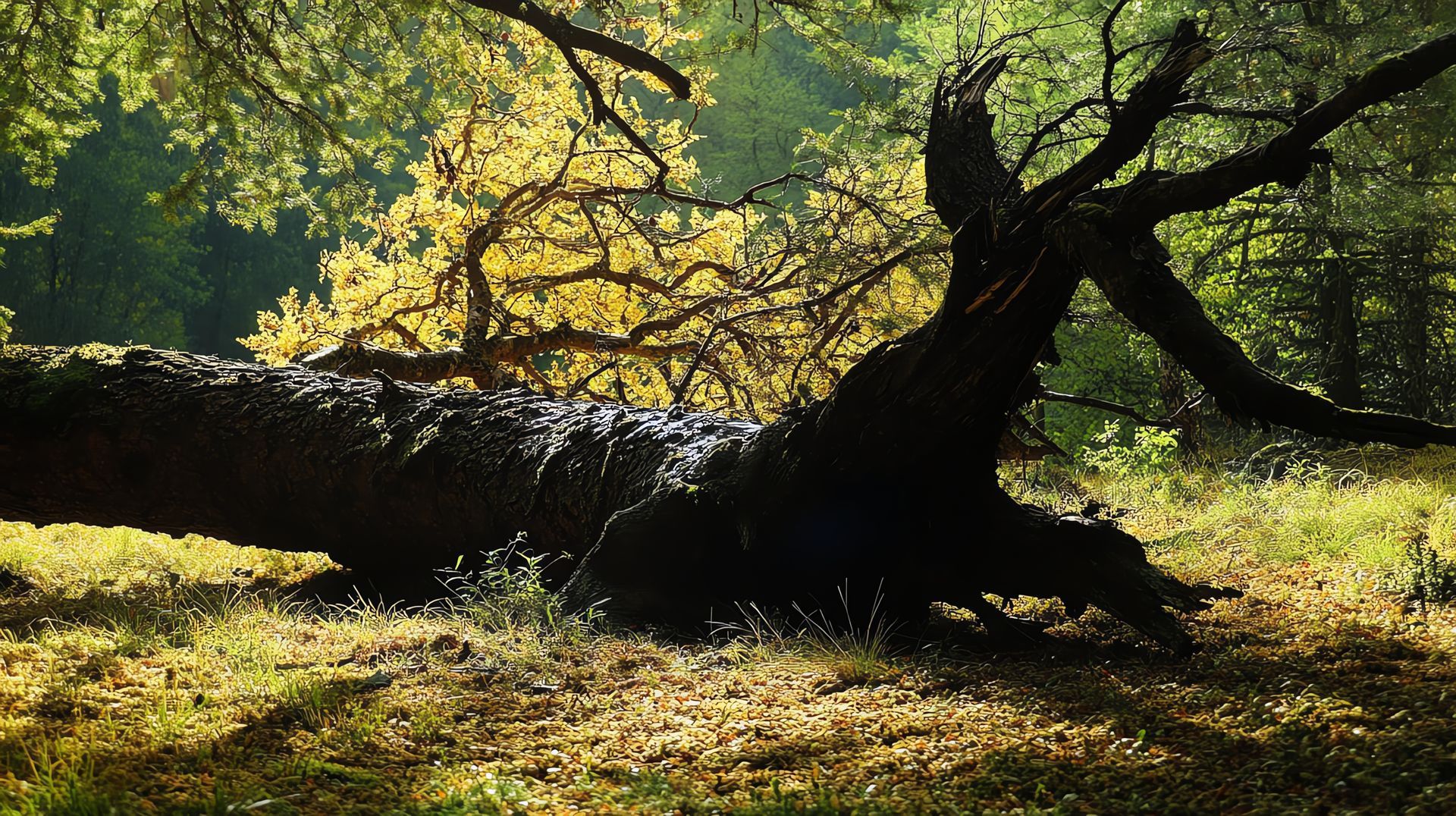 Fallen tree in a sunlit forest, with branches reaching out; yellow foliage in the background.