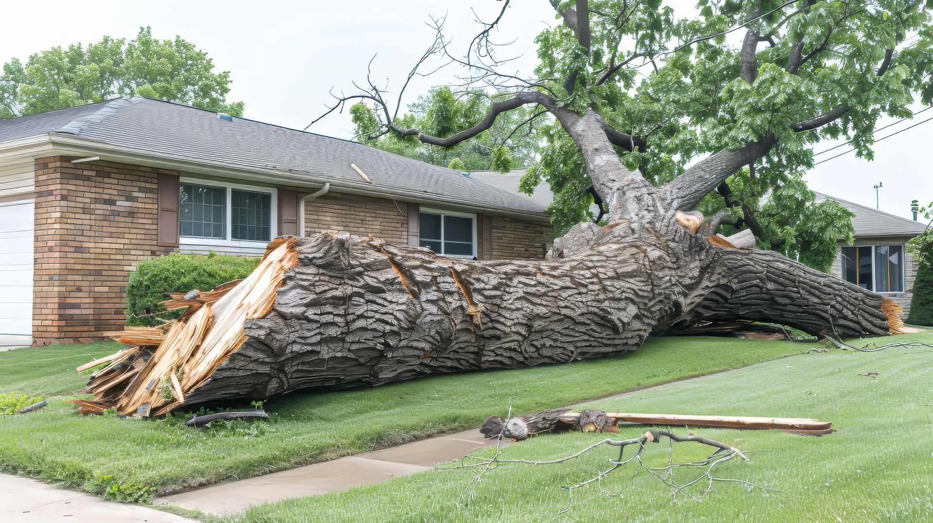 Large tree fallen on a house, lying across the roof and lawn, after a storm.