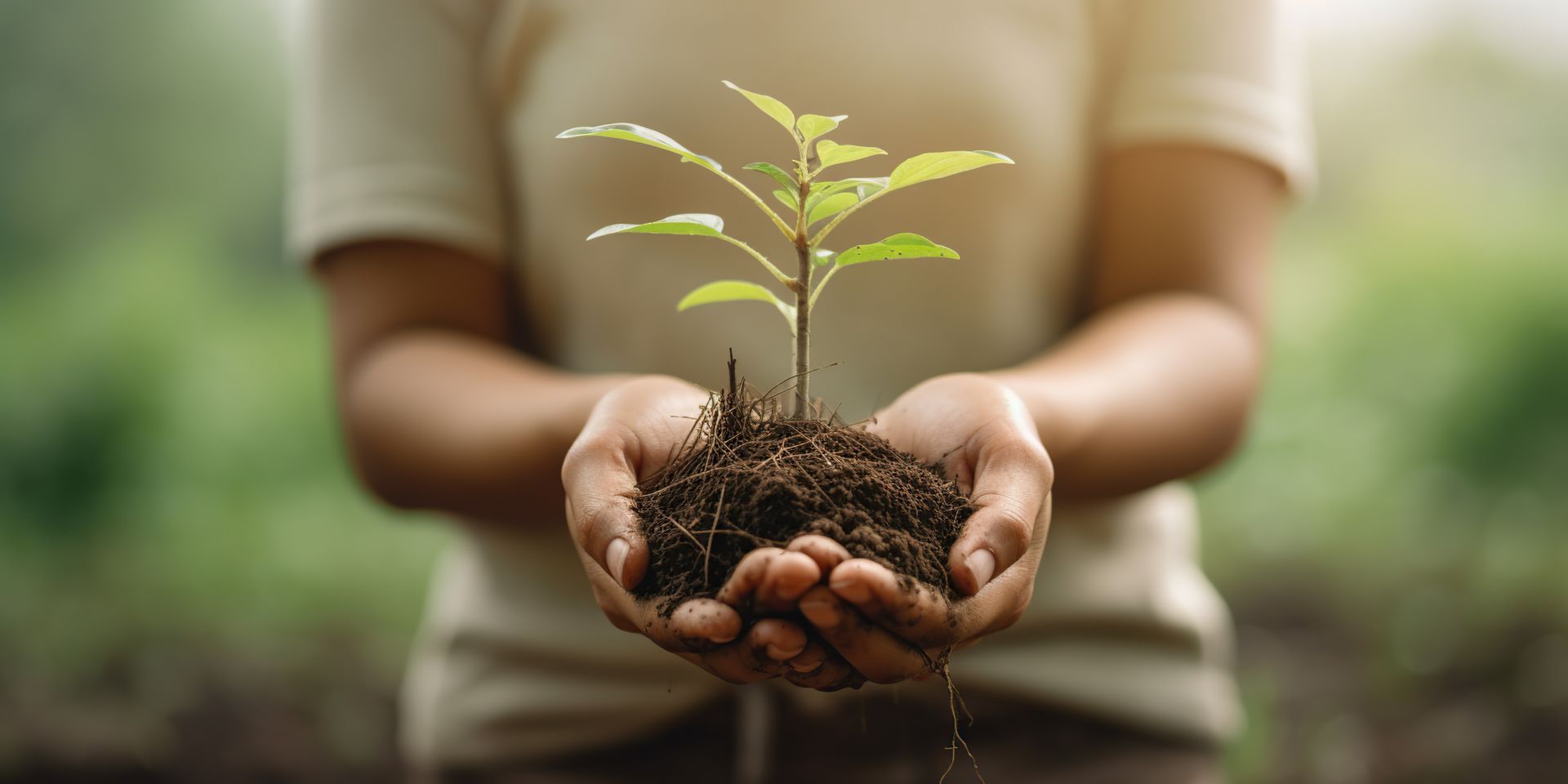 Person holding a small plant with soil in their hands. Blurred green background. Person holding a small plant with soil in their hands. Blurred green background.