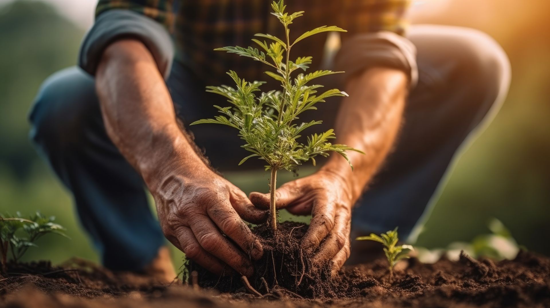 Person plants a small tree in soil; outdoors. Person plants a small tree in soil; outdoors.