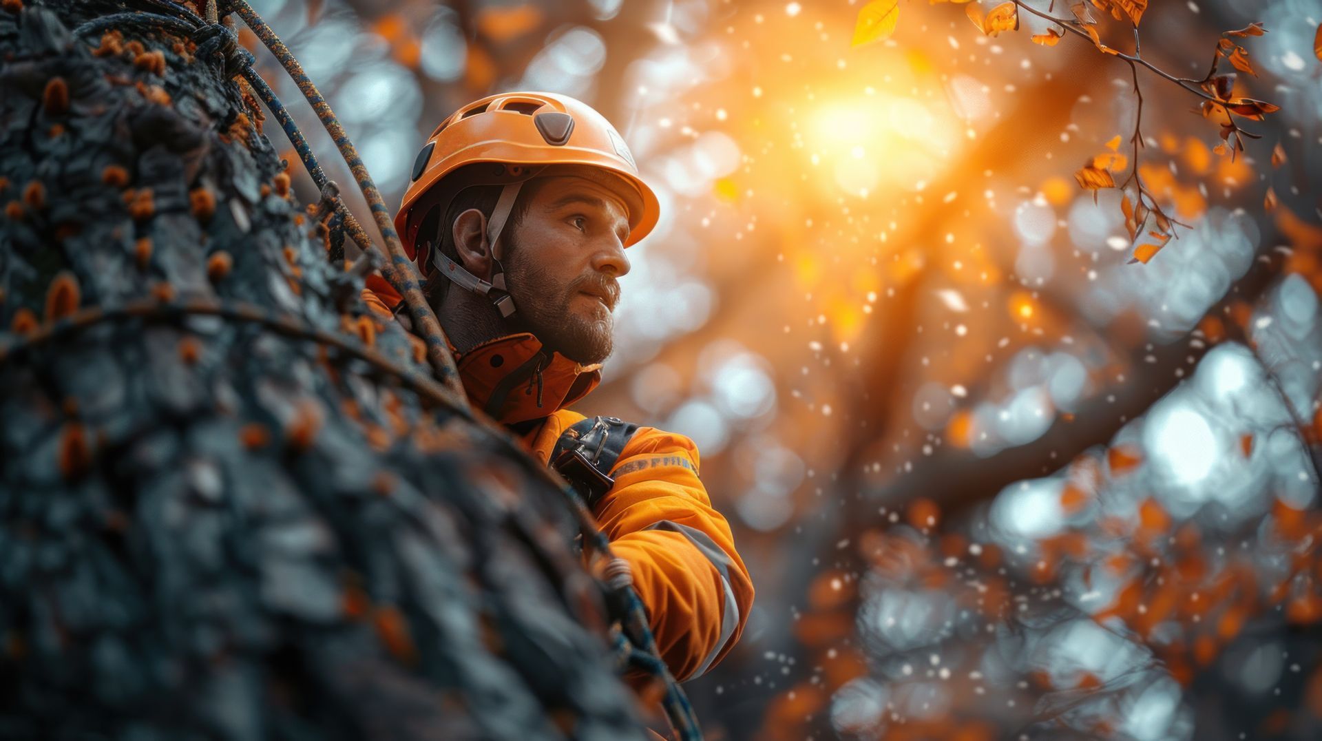 Arborist in an orange helmet and jacket, working in a tree. Bright sunlight filters through fall leaves. Arborist in an orange helmet and jacket, working in a tree. Bright sunlight filters through fall leaves.