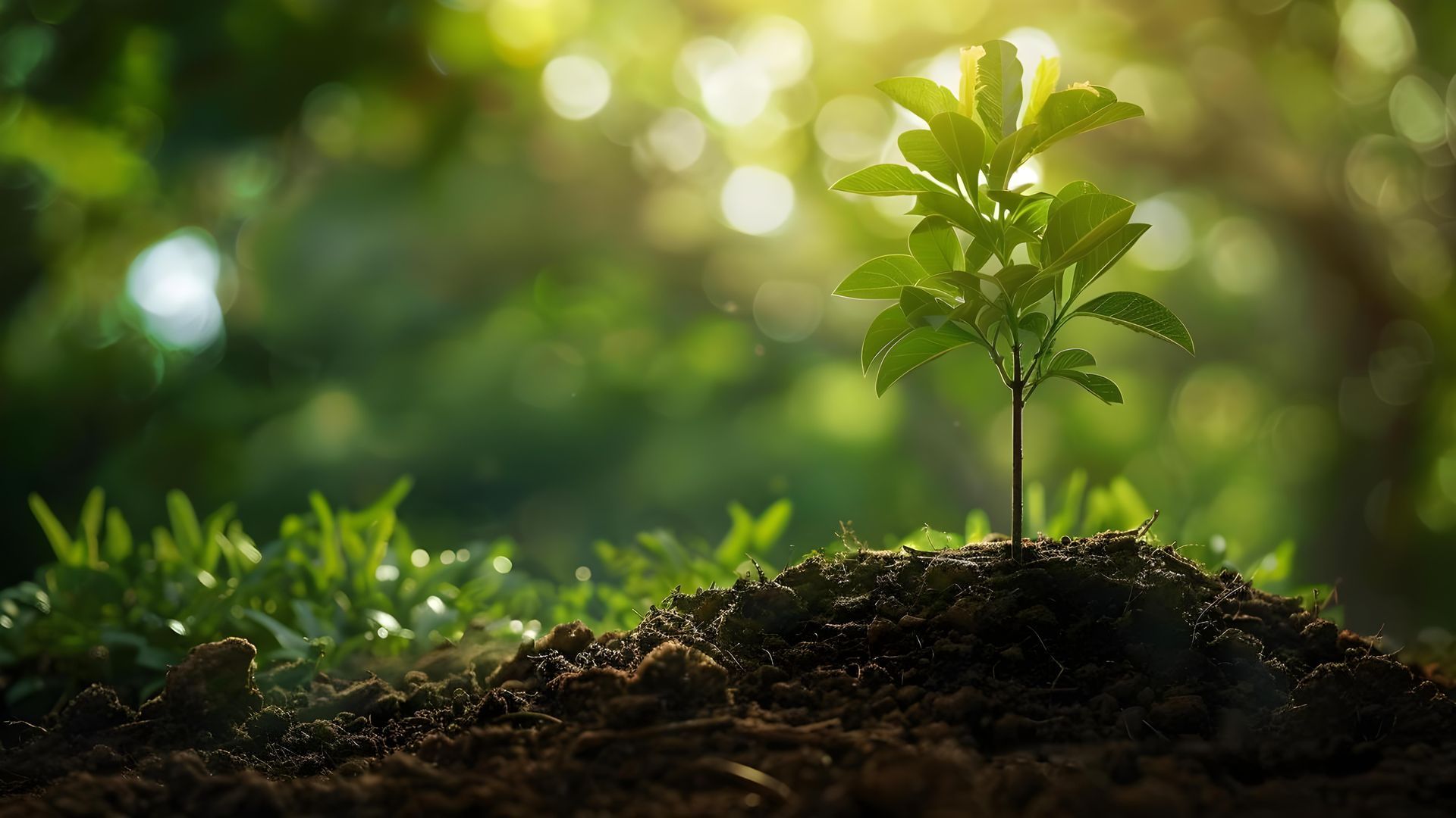 Young green plant sprouting from a mound of dark soil, with blurred green foliage in the background, lit by sunlight.
