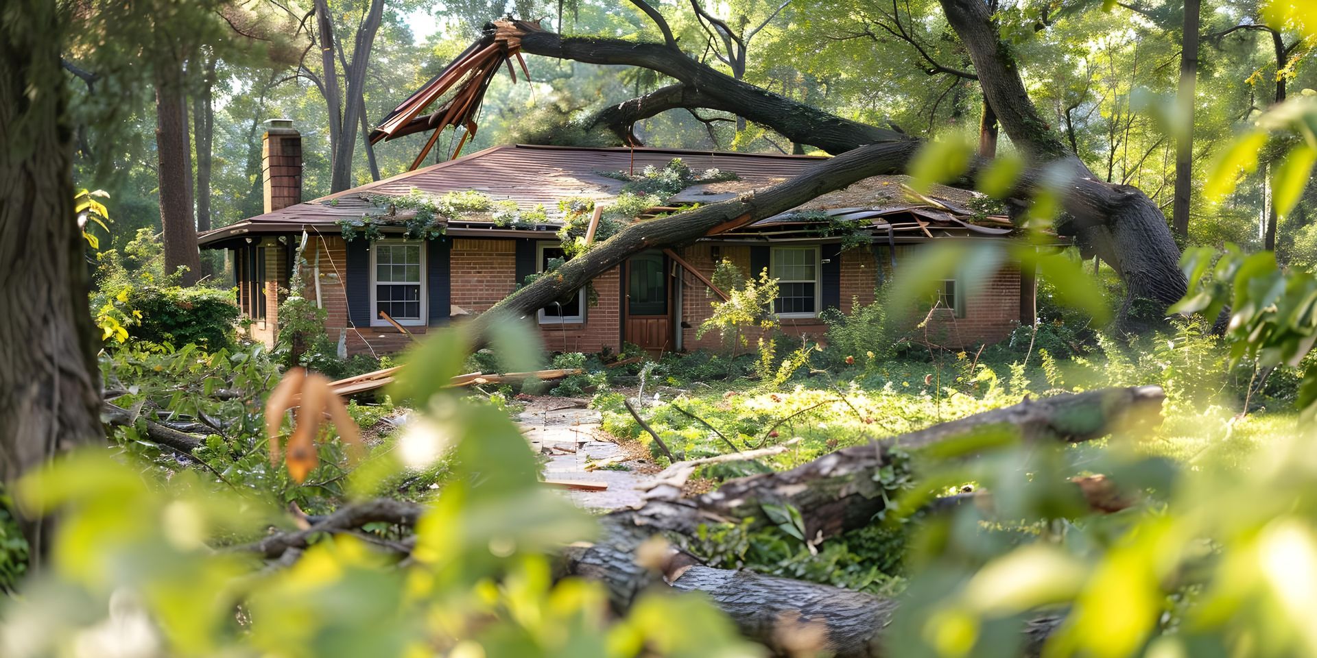 A house with a fallen tree on its roof, surrounded by debris, in a lush green forest setting. A house with a fallen tree on its roof, surrounded by debris, in a lush green forest setting.