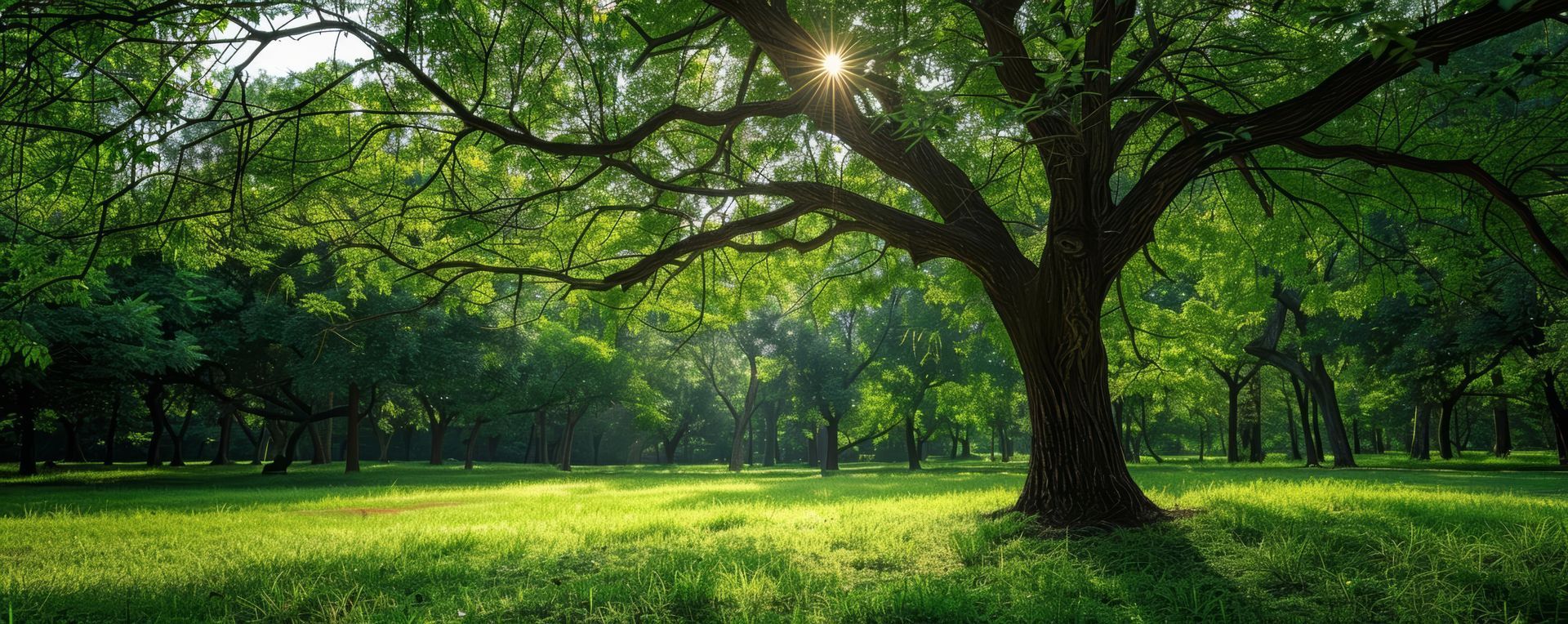 Lush green meadow bathed in sunlight under the shade of a large tree with expansive branches.
