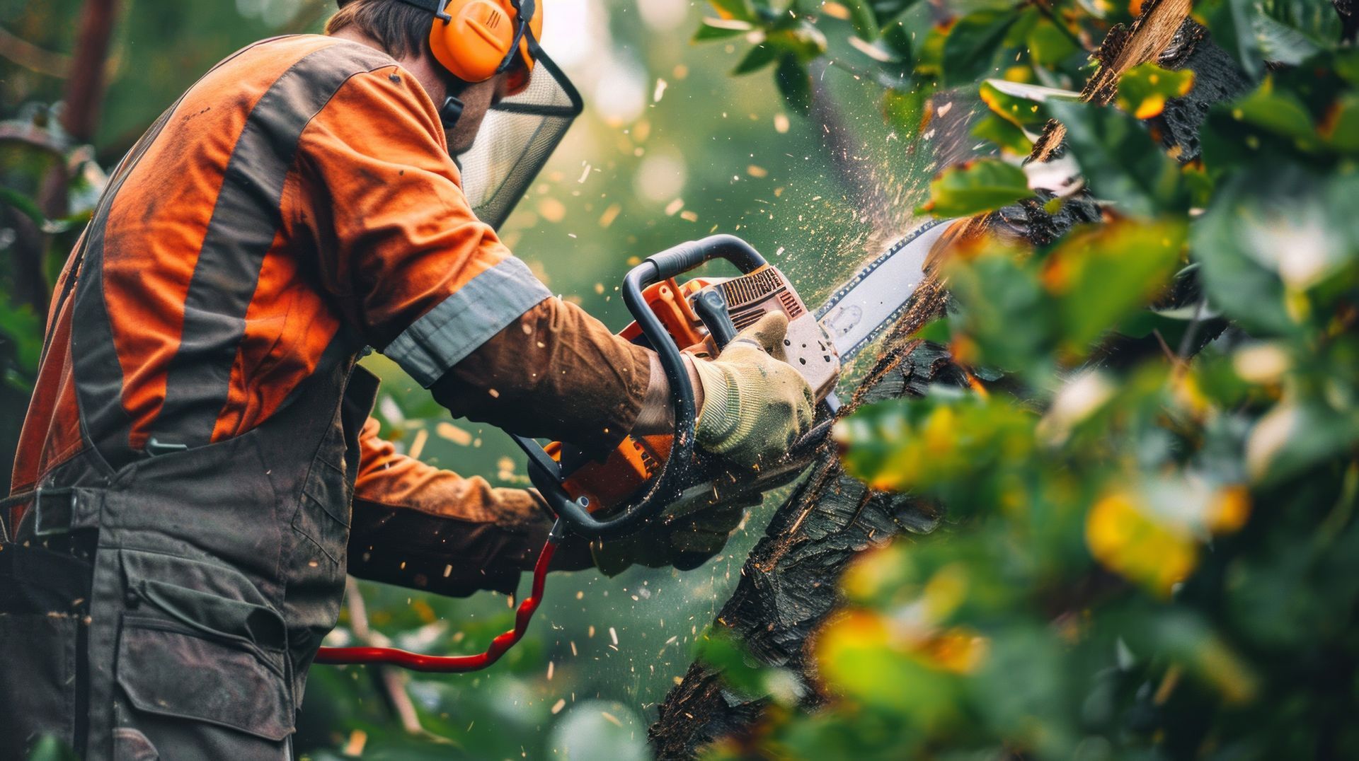 Person in orange work gear using a chainsaw to cut a tree limb, with wood chips flying.