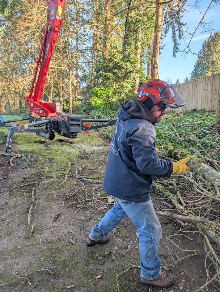 A person in safety gear cutting branches near a red lift in a wooded area.