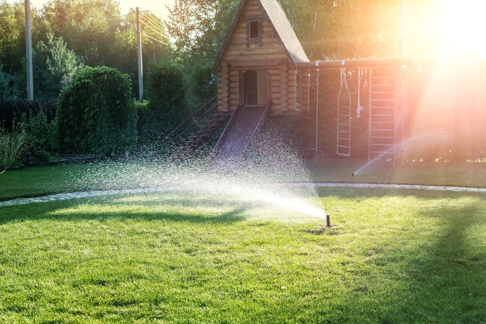 Sprinkler spraying water across a sunny green lawn beside a wooden playhouse and hedge-lined garden