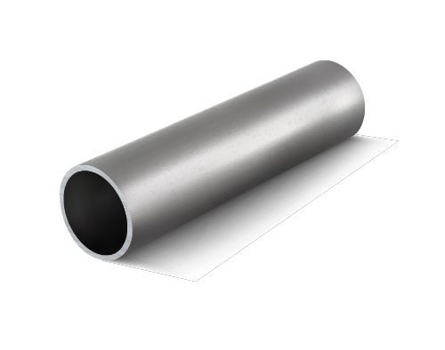 A stainless steel pipe is rolled up on a white surface.
