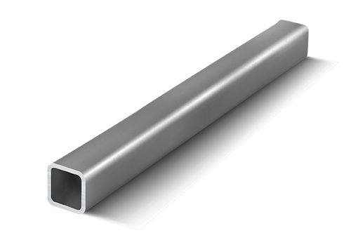 A stainless steel square tube on a white background.