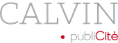Logo de Calvin PubliCit&eacute; en gris et rouge sur fond blanc