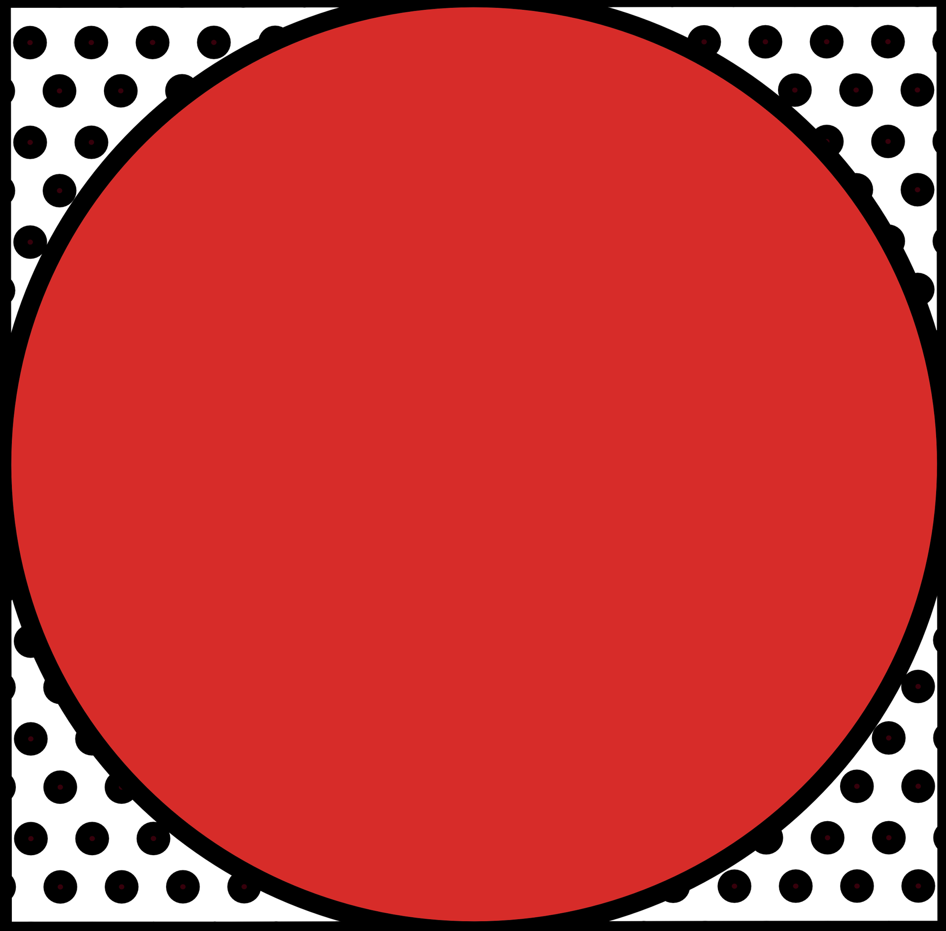 Grand cercle rouge centré sur un fond blanc à pois noirs.