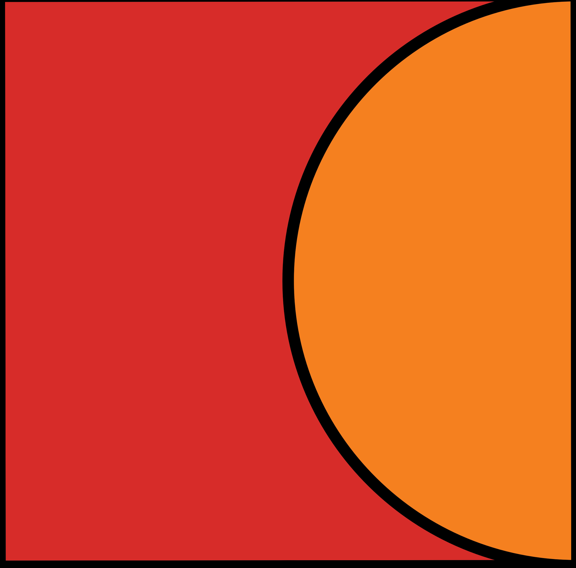 Fond rouge avec un grand cercle orange découpé sur le côté droit.