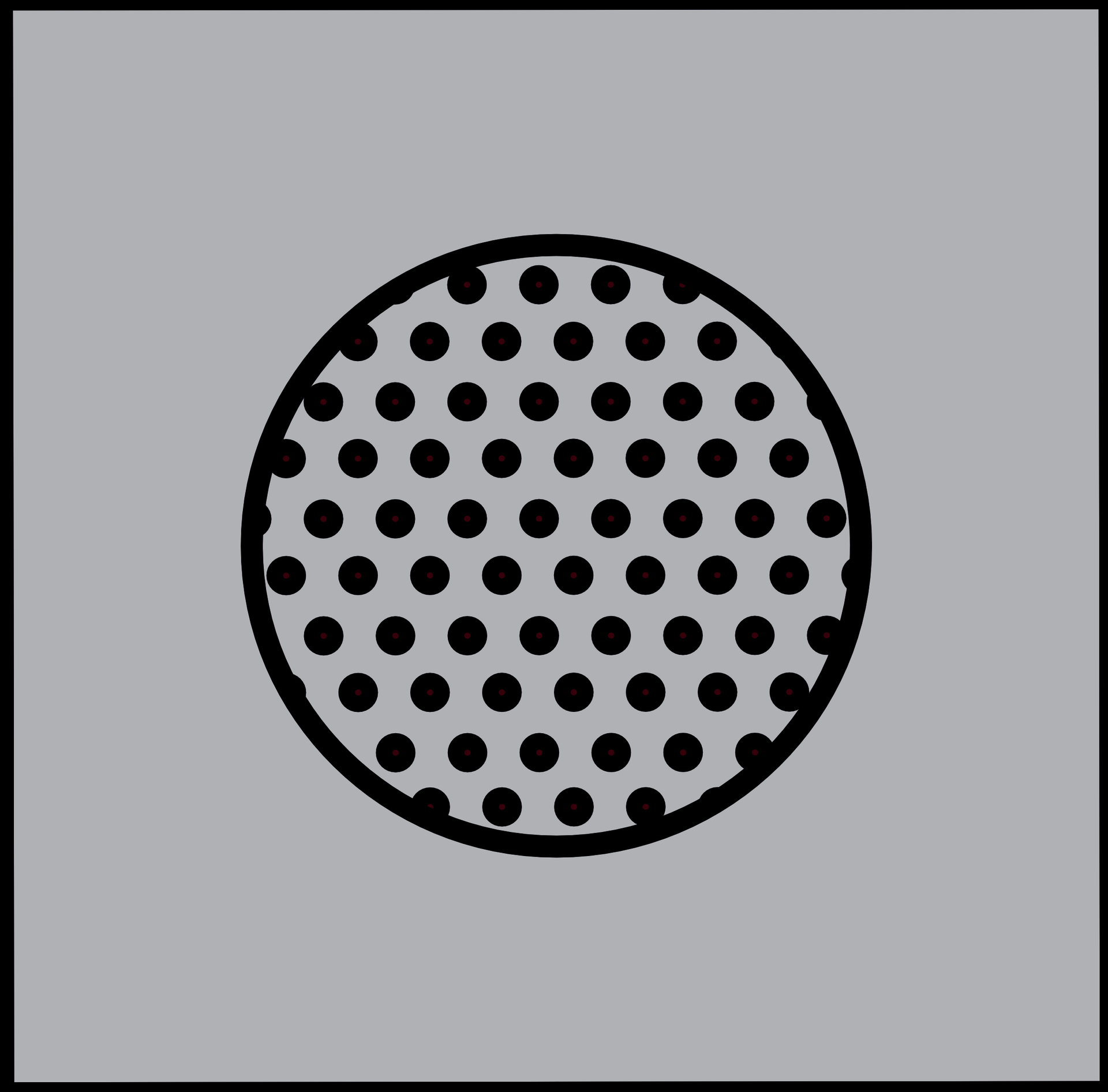 Cercle noir à pois centré sur un fond gris.