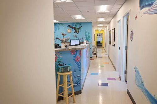 Hallway with reception desk, colorful murals, and doors in a pediatric office.