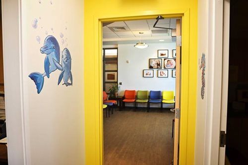 Doorway into a waiting room with colorful chairs and photos; wall decal of dolphins.