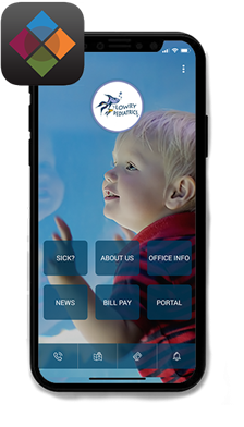 Smartphone app with logo and buttons: Sign Up, About Us, Office Info, News, Bill Pay, Portal. Features a child gazing at an aquarium.