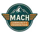 Logo: MACH Community Foundation, mountains, wings, dark teal and brown circle.