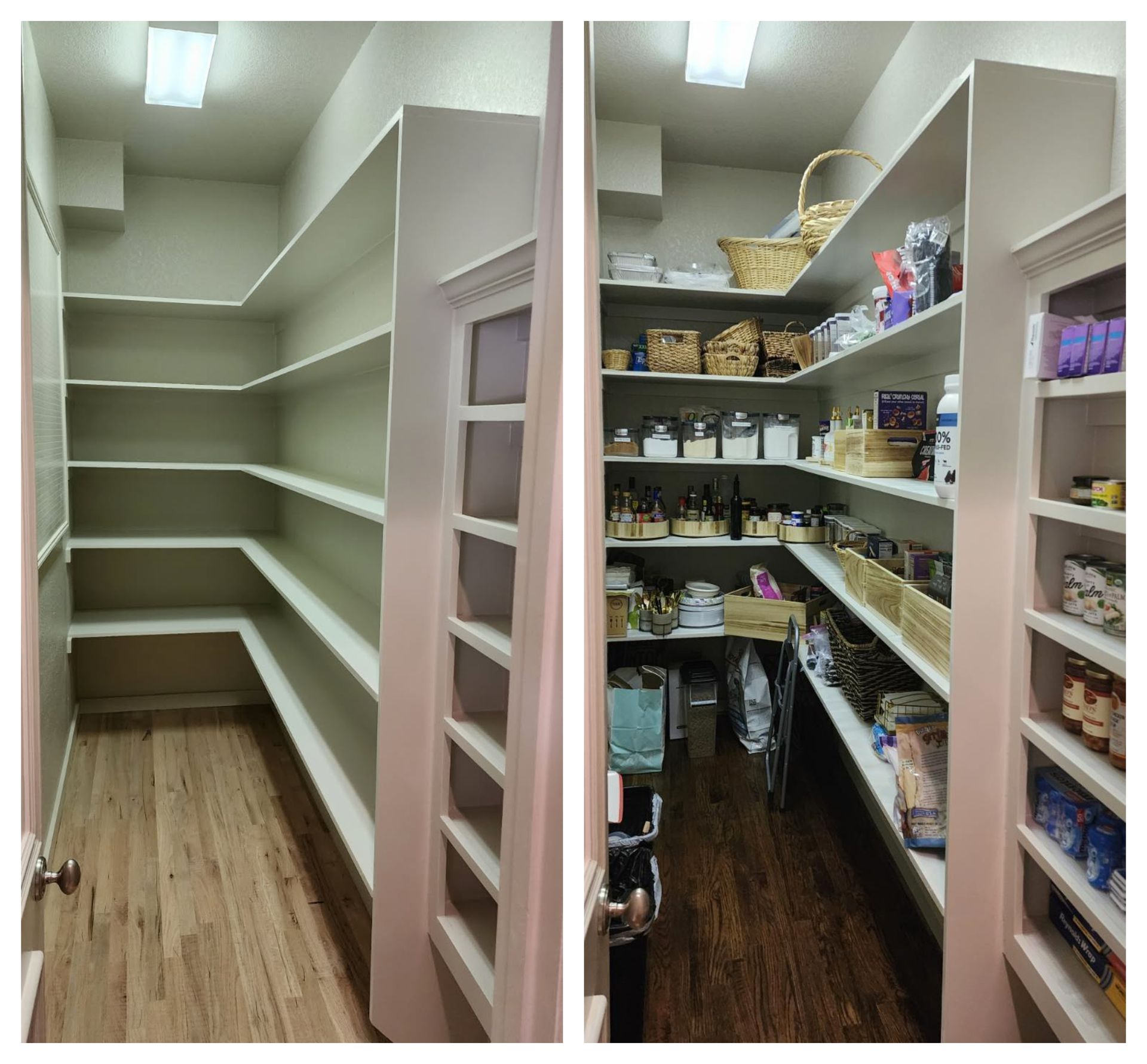 A pantry before and after organization. Empty shelves on the left; stocked shelves on the right with various food items.