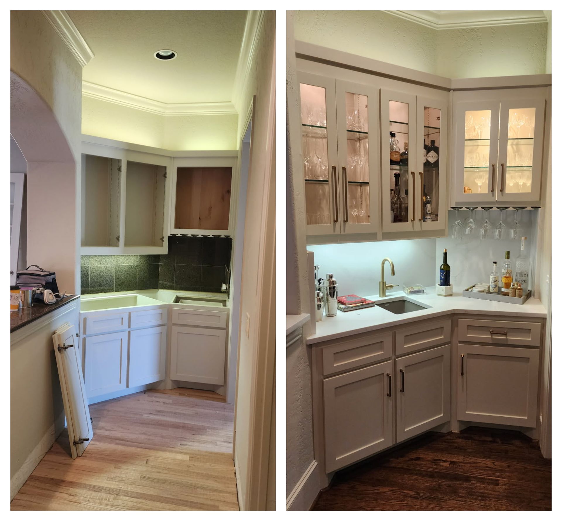 Two images: a before and after of a small, Coffee bar. The 