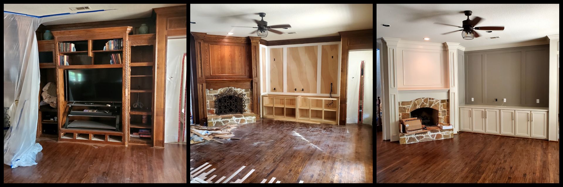 Three-part photo shows room renovations: a built-in entertainment center, fireplace with cabinetry, and the finished room with the TV wall painted.