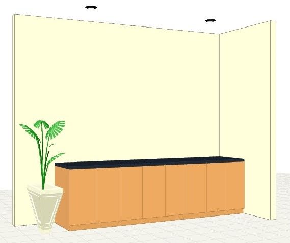 An interior with a tan cabinet, black countertop, cream walls, two ceiling lights, and a potted plant.