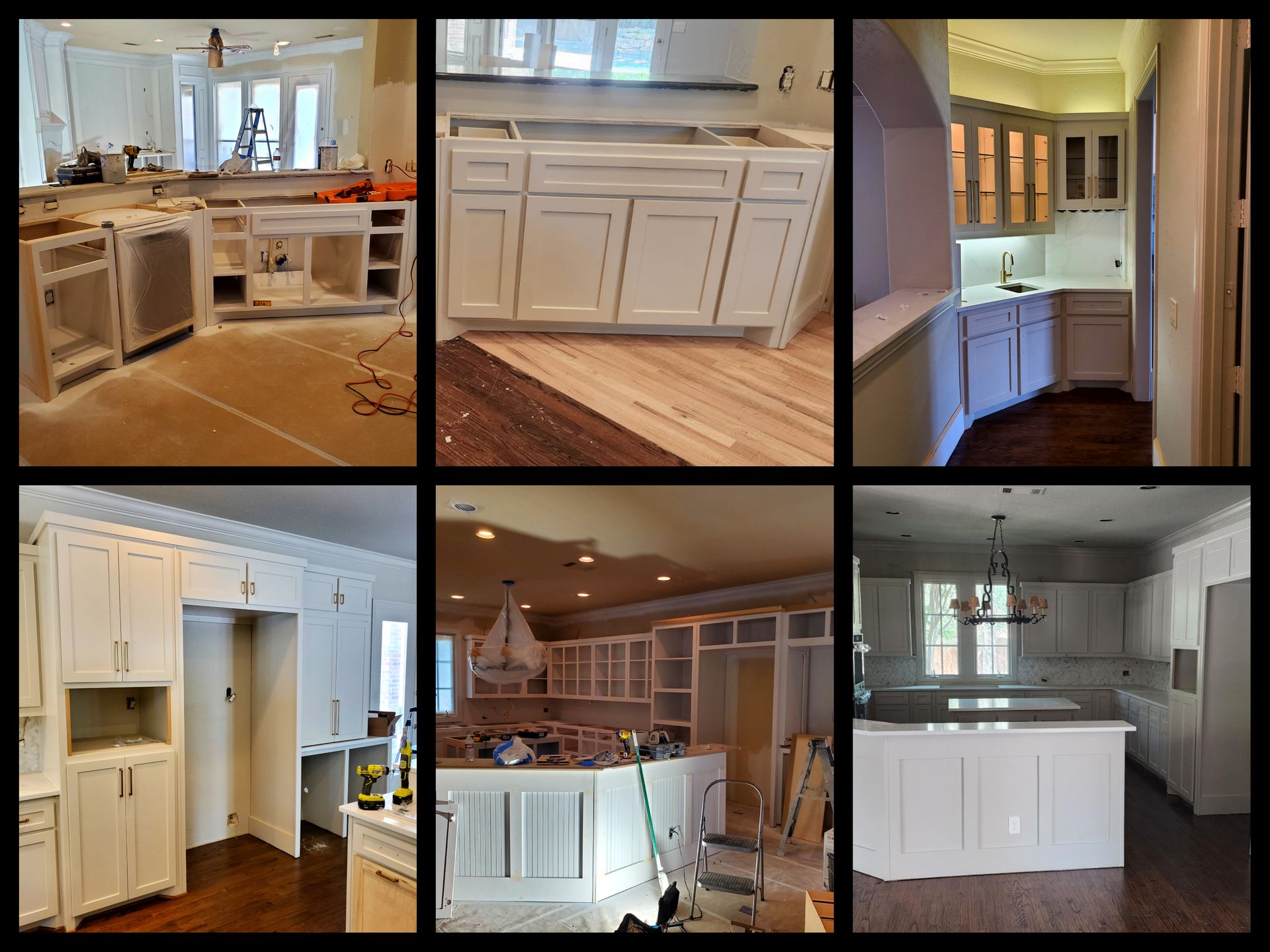 Six photos of a white kitchen remodel in various stages, from cabinets being installed to near completion.