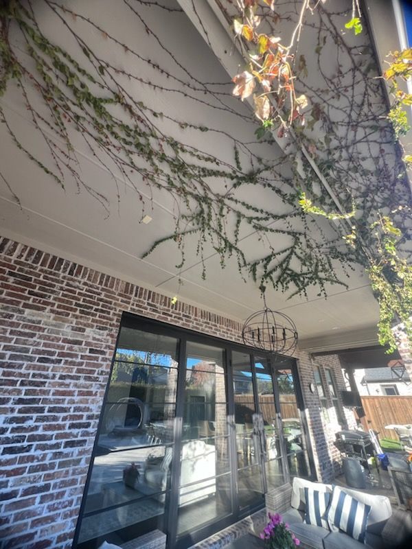 Brick building with glass doors, a vine-covered ceiling, and outdoor seating with black and white striped cushions.