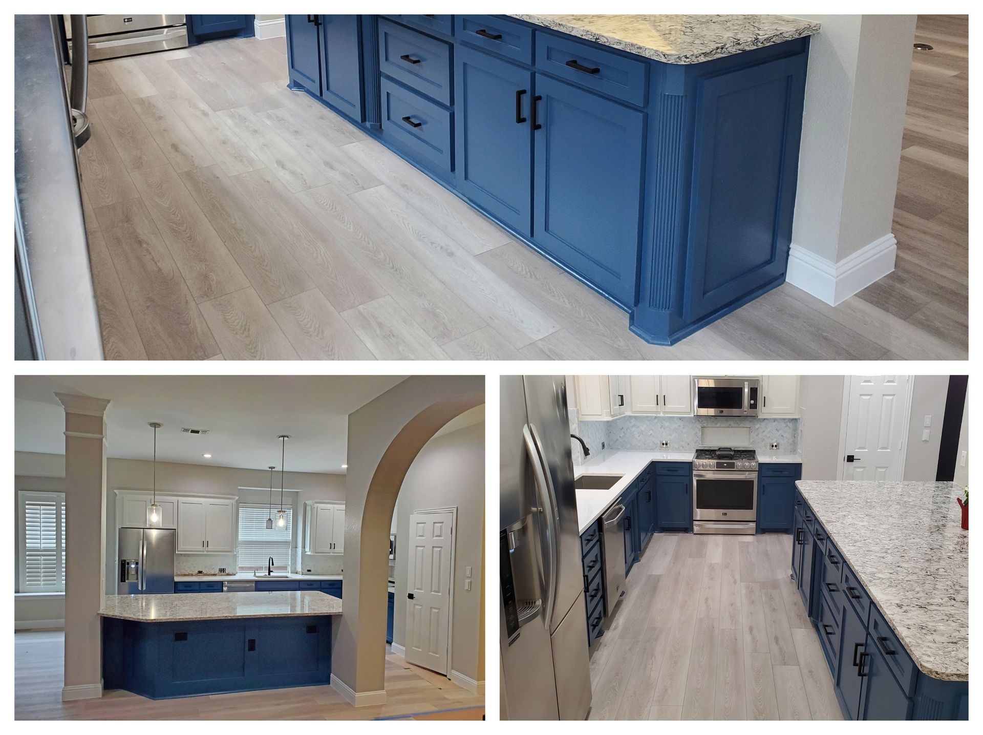 A blue kitchen island with granite countertop and light wood flooring. Three different views showcasing the kitchen.