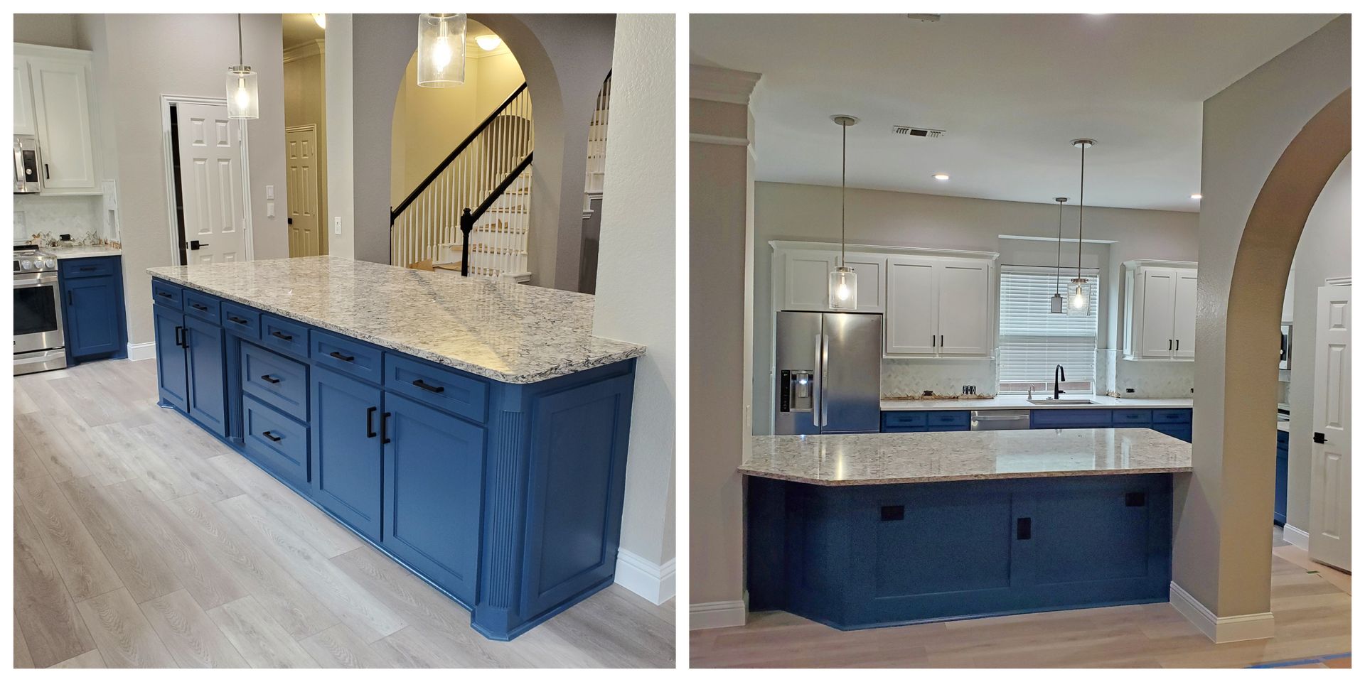 Two kitchen views: one showing a long blue island and the other a shorter, curved blue island. 