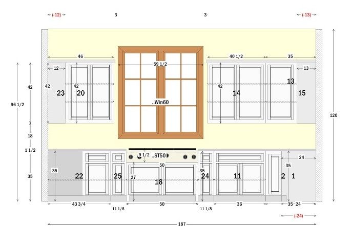 Kitchen wall elevation with dimensions. Includes windows, cabinets, and appliances. Pale yellow and gray color scheme.