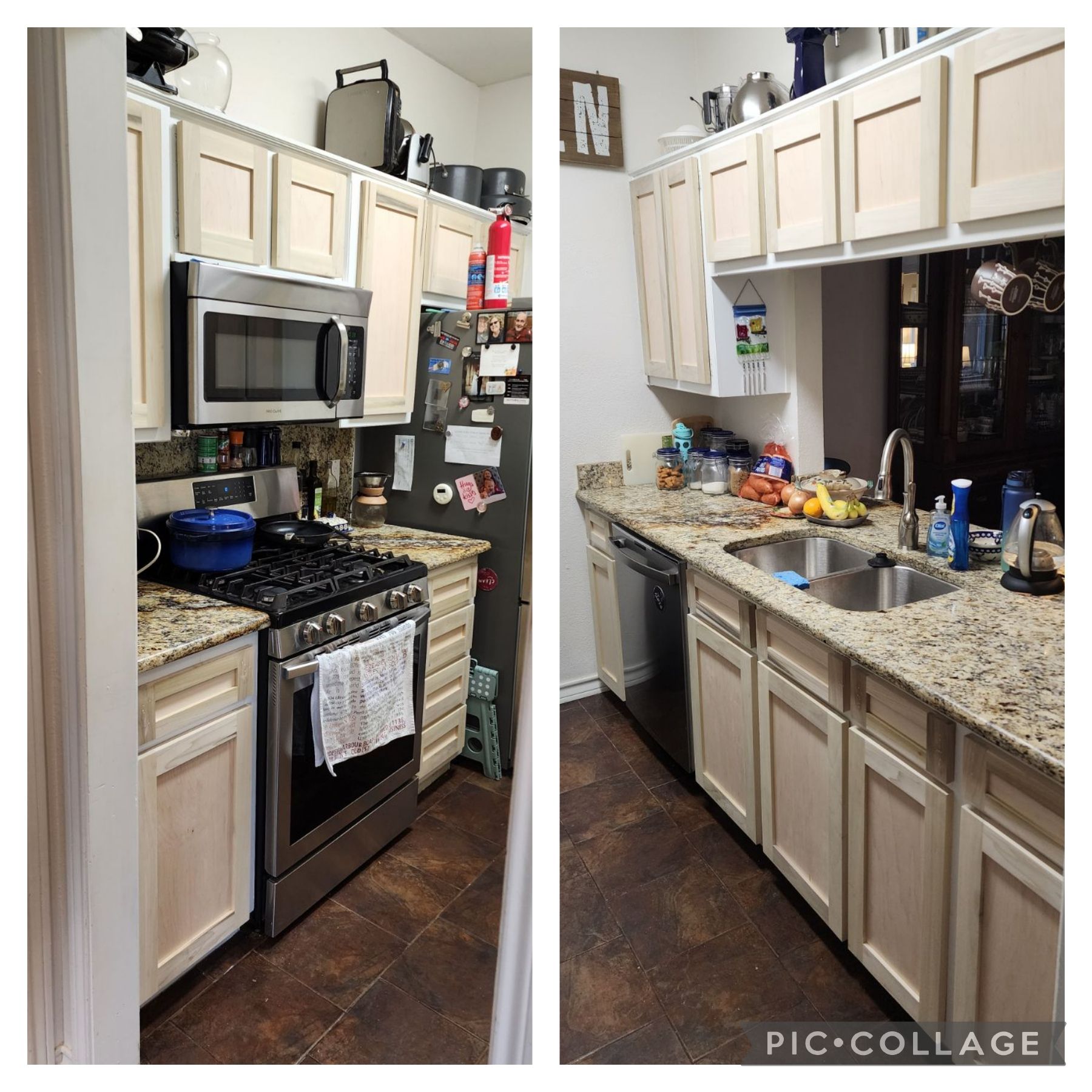 Two photos of a kitchen with light cabinets, granite countertop