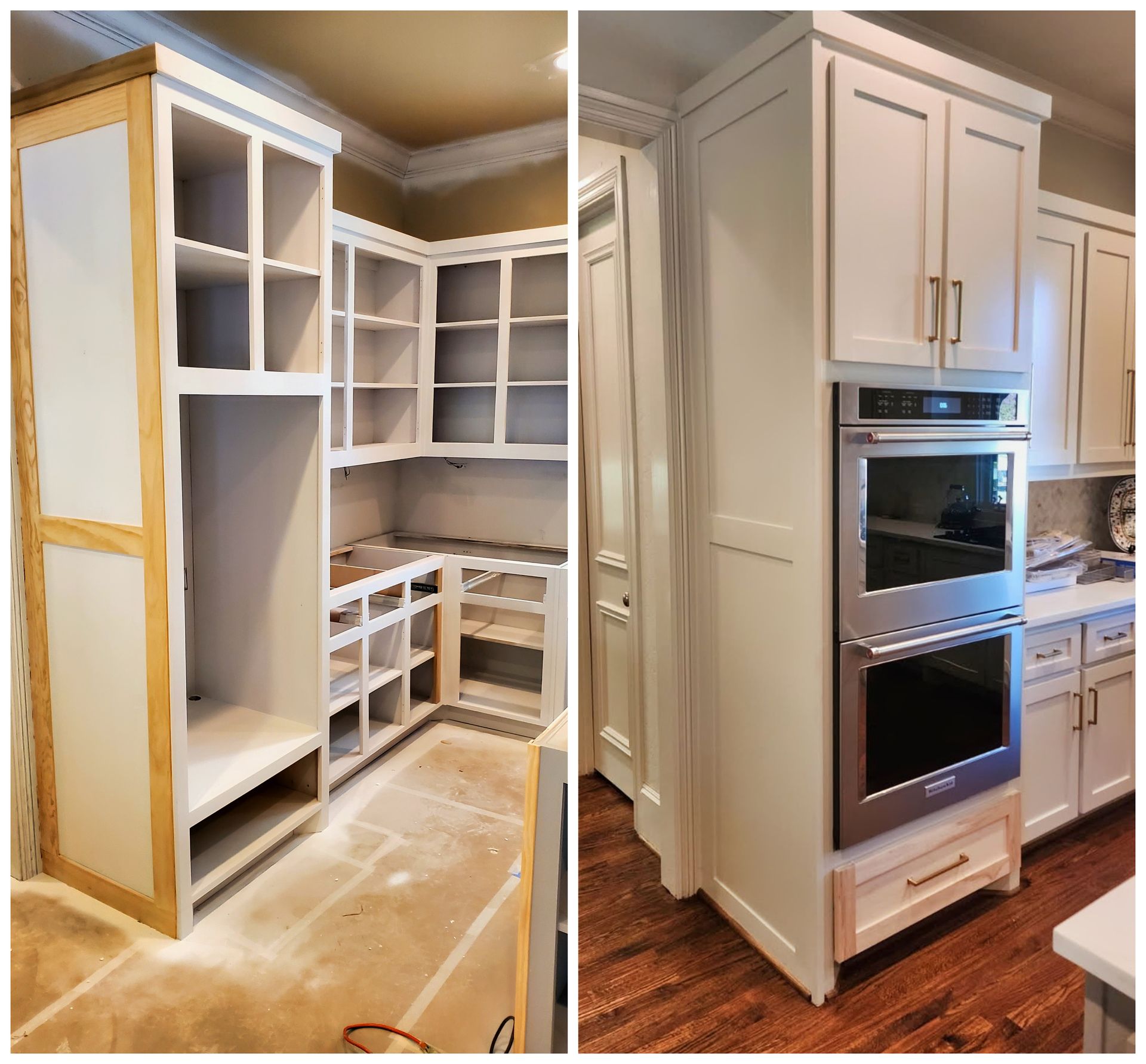 Before and after photos of kitchen cabinets being built and finished in white.