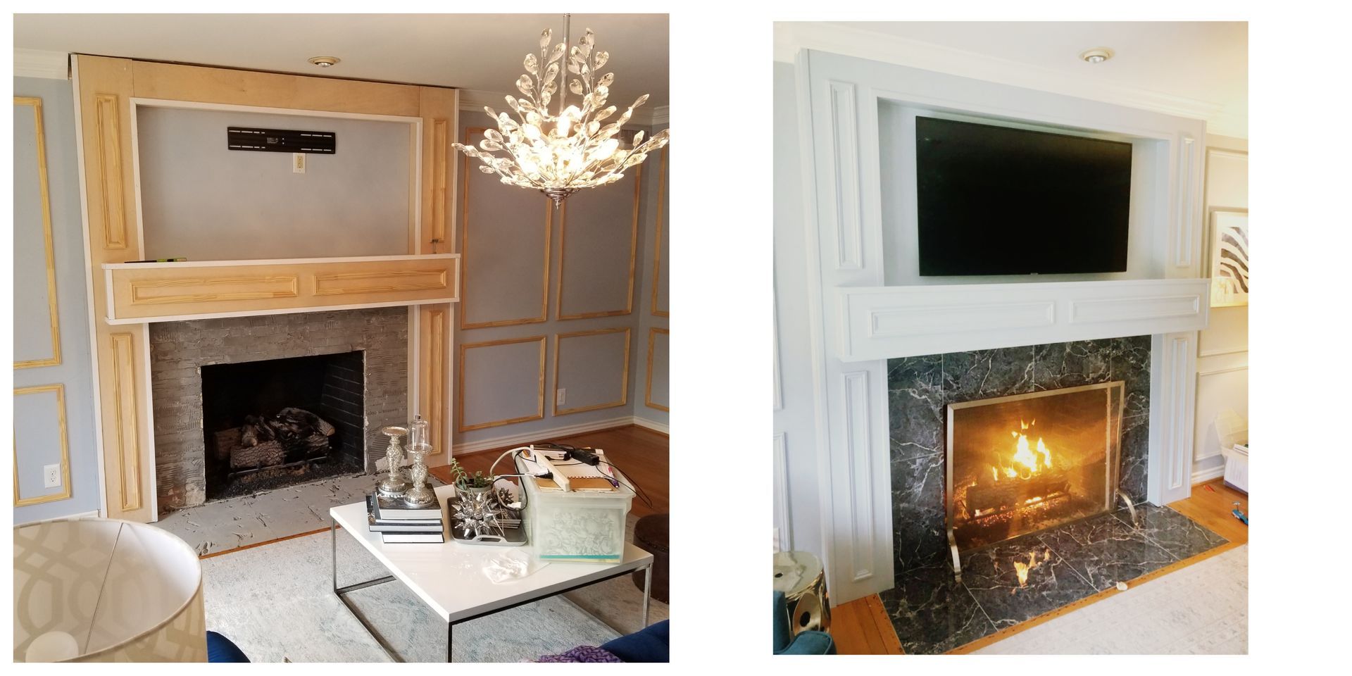 Two images show fireplace renovations.