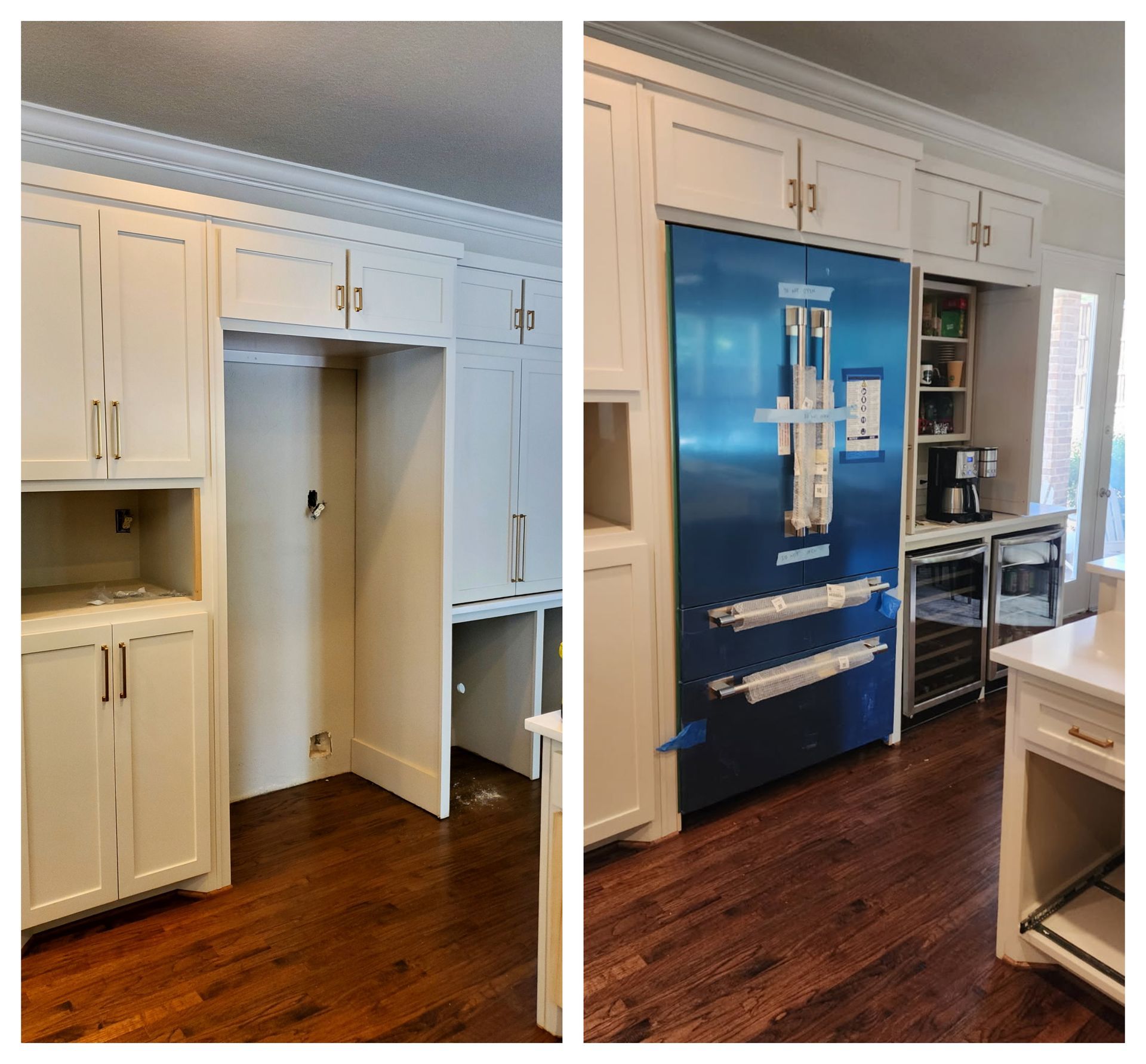 Two-panel view of a renovated kitchen with white cabinetry. One side shows an empty refrigerator space, and the other side has a blue refrigerator.