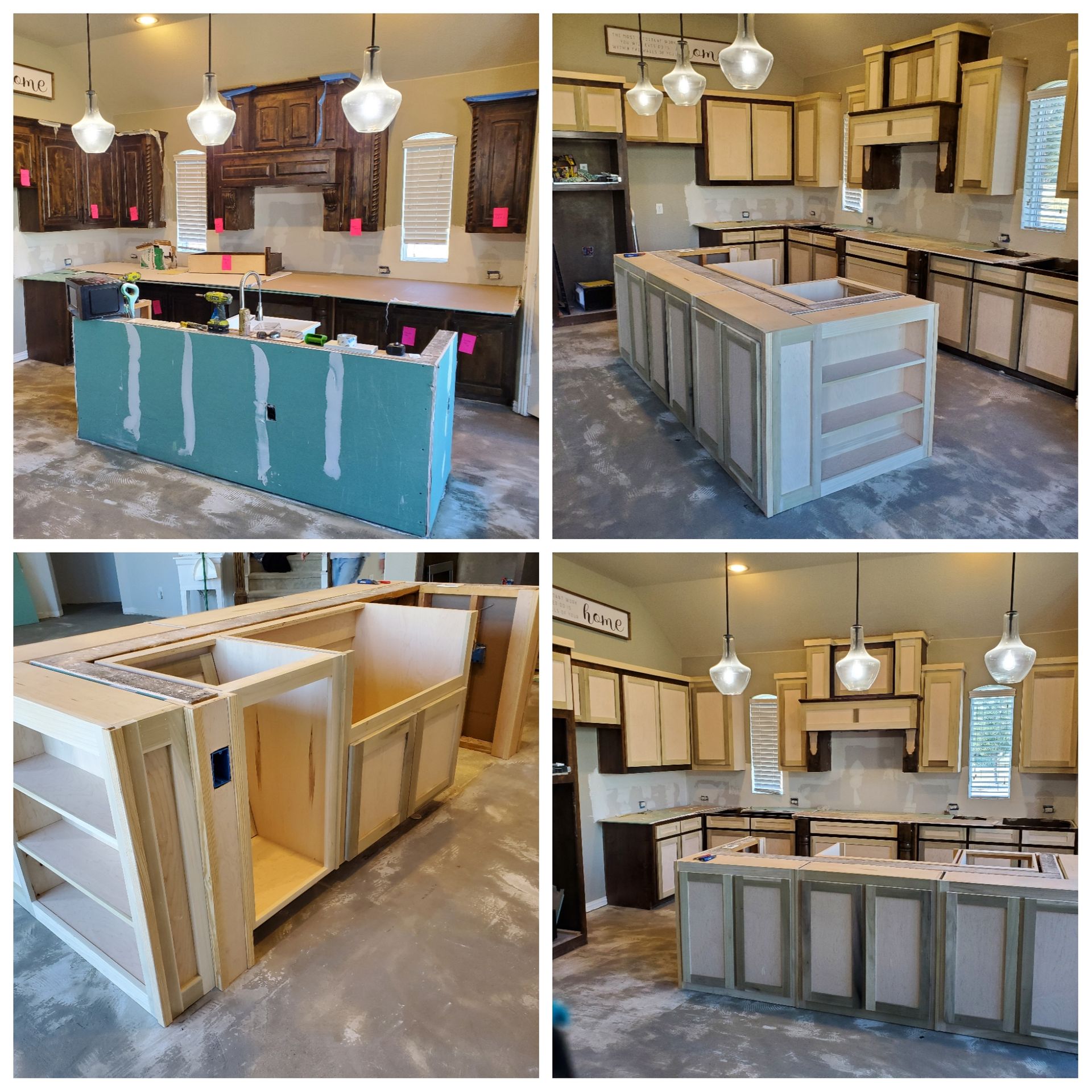 Four-panel image of a kitchen remodel. Cabinets are installed and a large island is being built.
