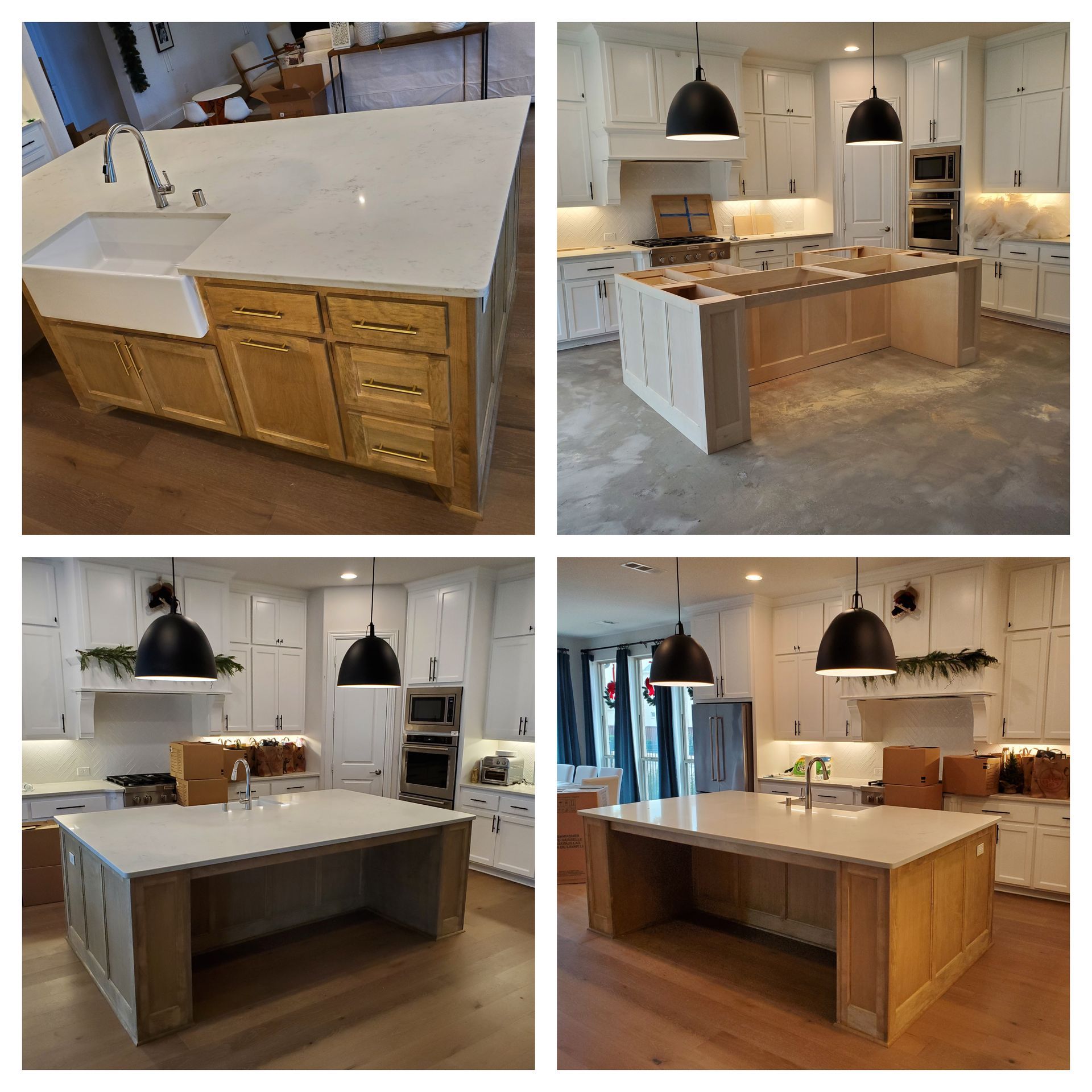 Kitchen renovation: Four photos showing a kitchen island with a light-colored countertop and light wood cabinets being built.