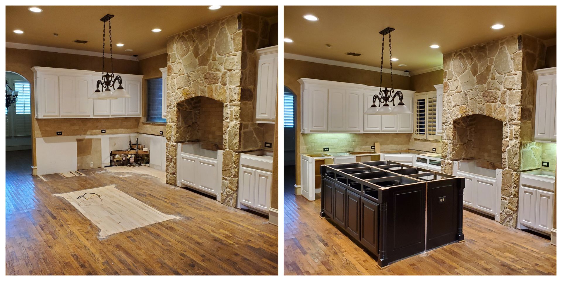 Kitchen renovation: Empty space vs. finished with island. Cabinets, stone wall, wood floors, and a dark island are featured.