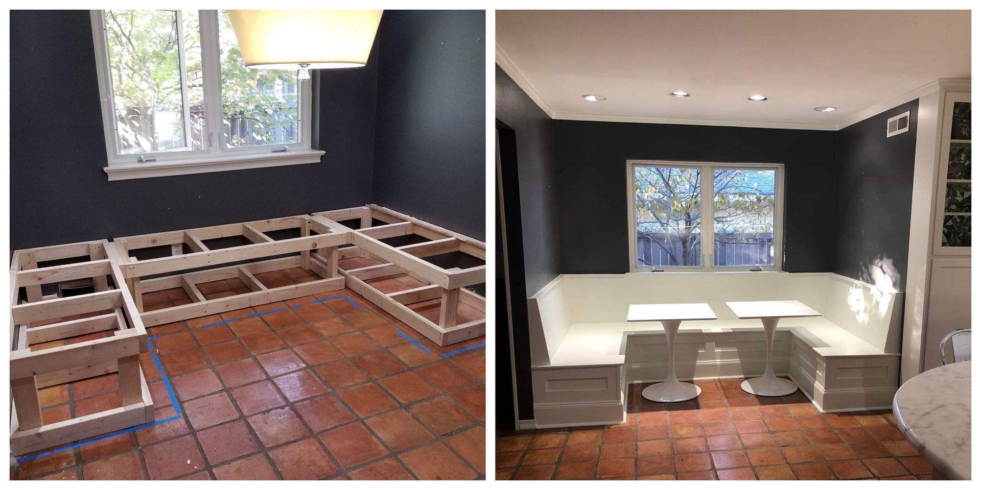 Before and after photos of a kitchen banquette build. 