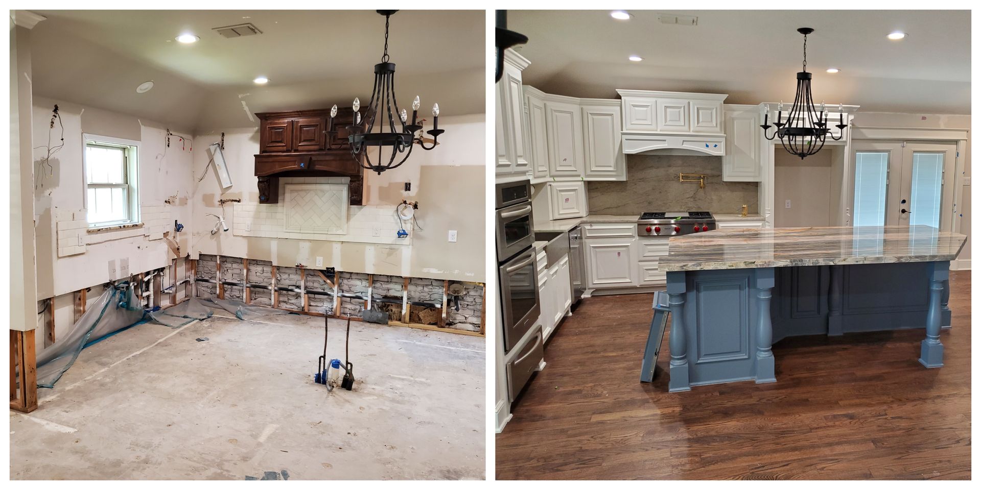 The first image shows a gutted kitchen, while the second shows a fully remodeled space with new cabinets and an island.