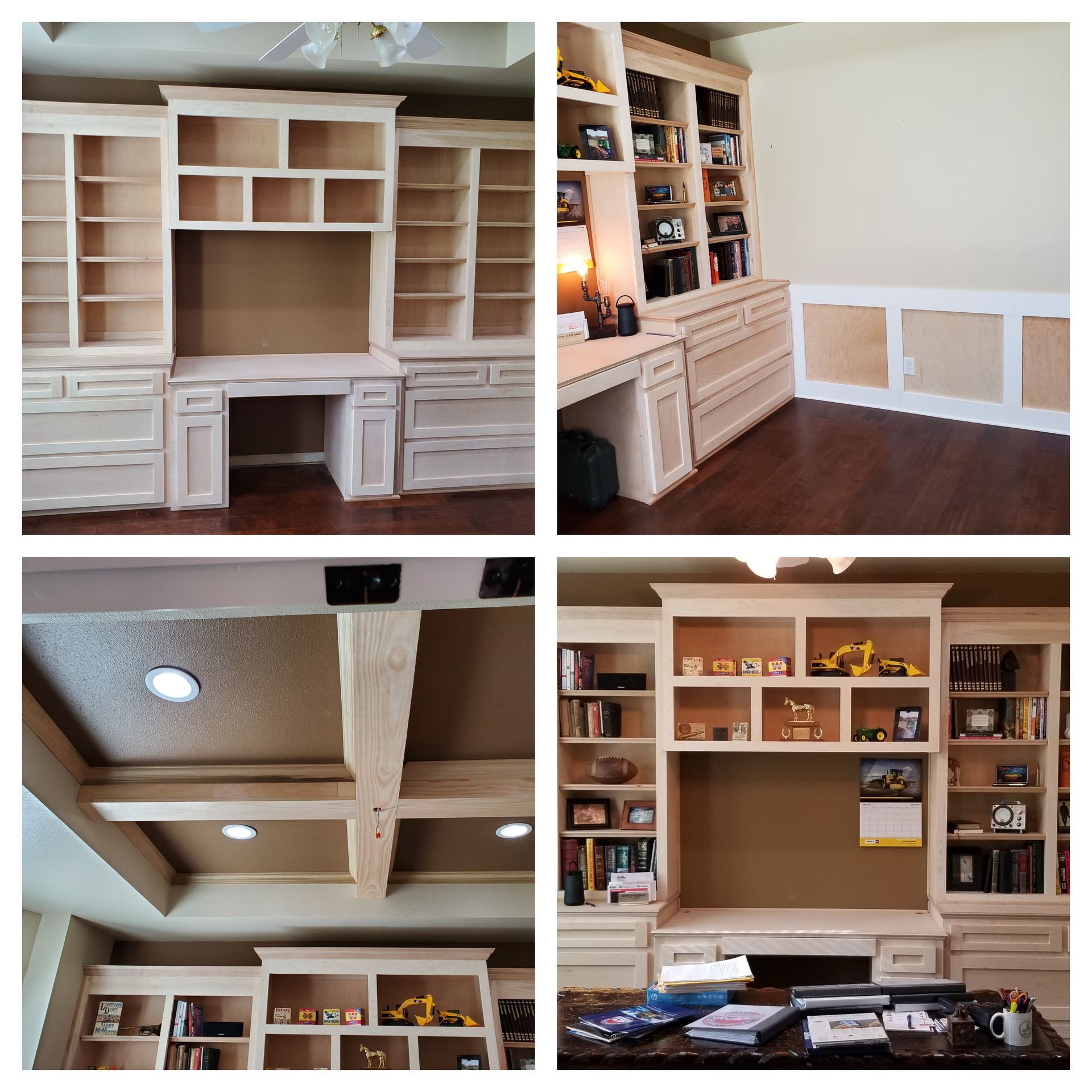 Four views of a custom-built wooden home office setup with shelves, desk, and overhead beams.