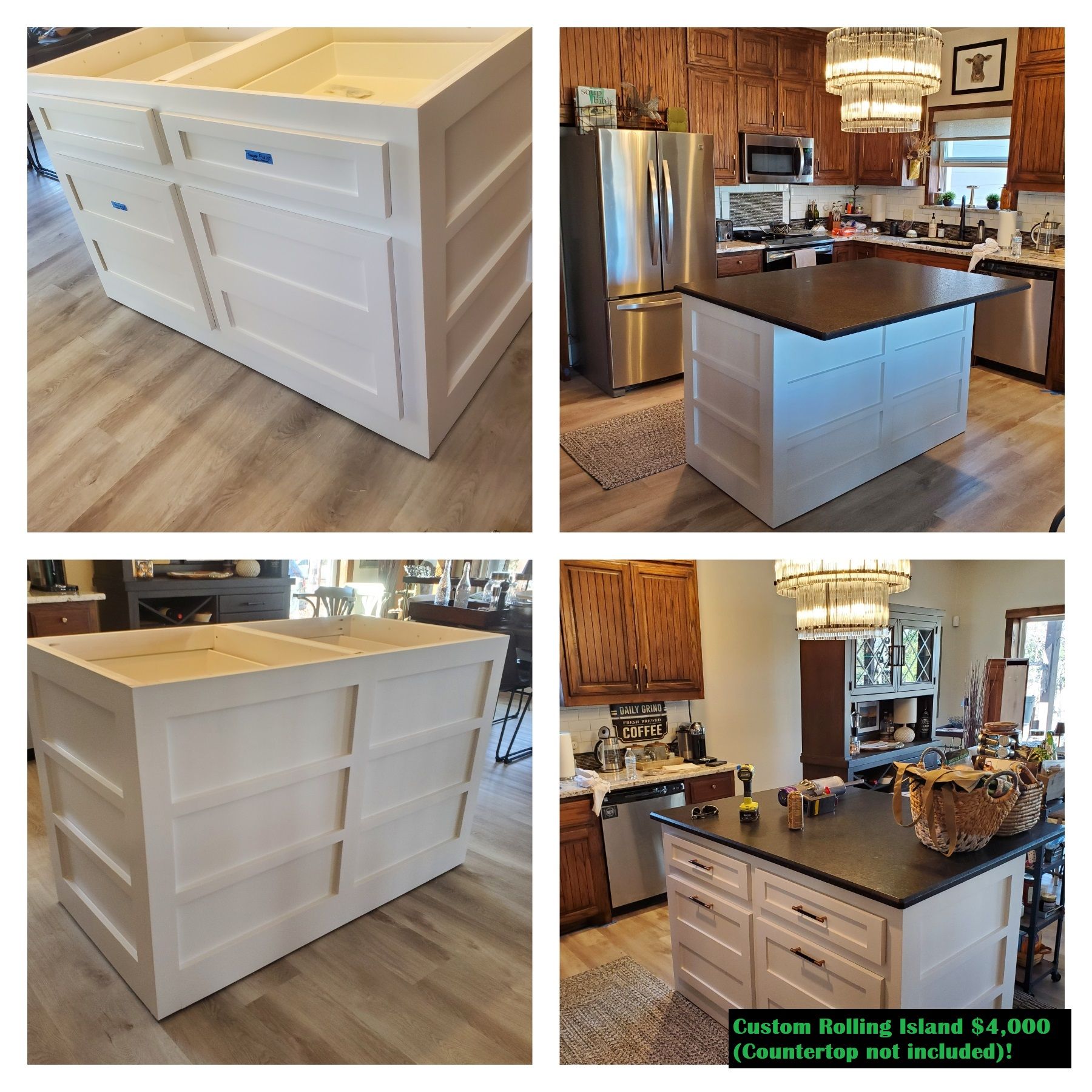 Four photos show a white kitchen island in various stages of completion, with a black countertop in the finished images.