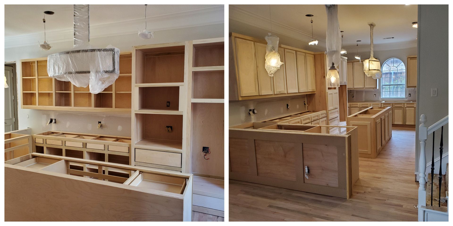 Two-panel view of a kitchen during construction. Features exposed wooden cabinetry and a large island.