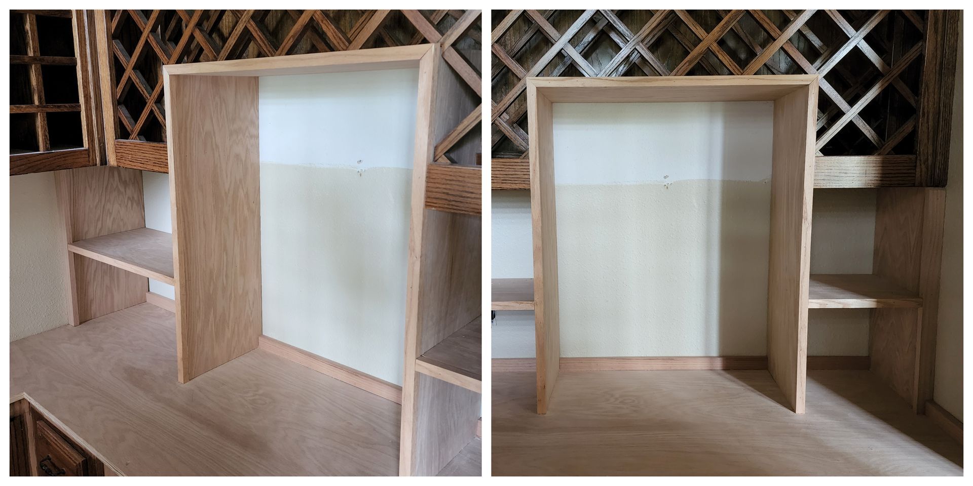 Two wooden cabinet compartments built into a wall, one with an open door.