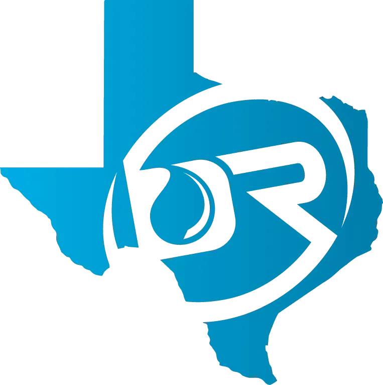 Blue Texas-shaped logo with a white circular design. Inside, there is a drop, and the letters “DR”.