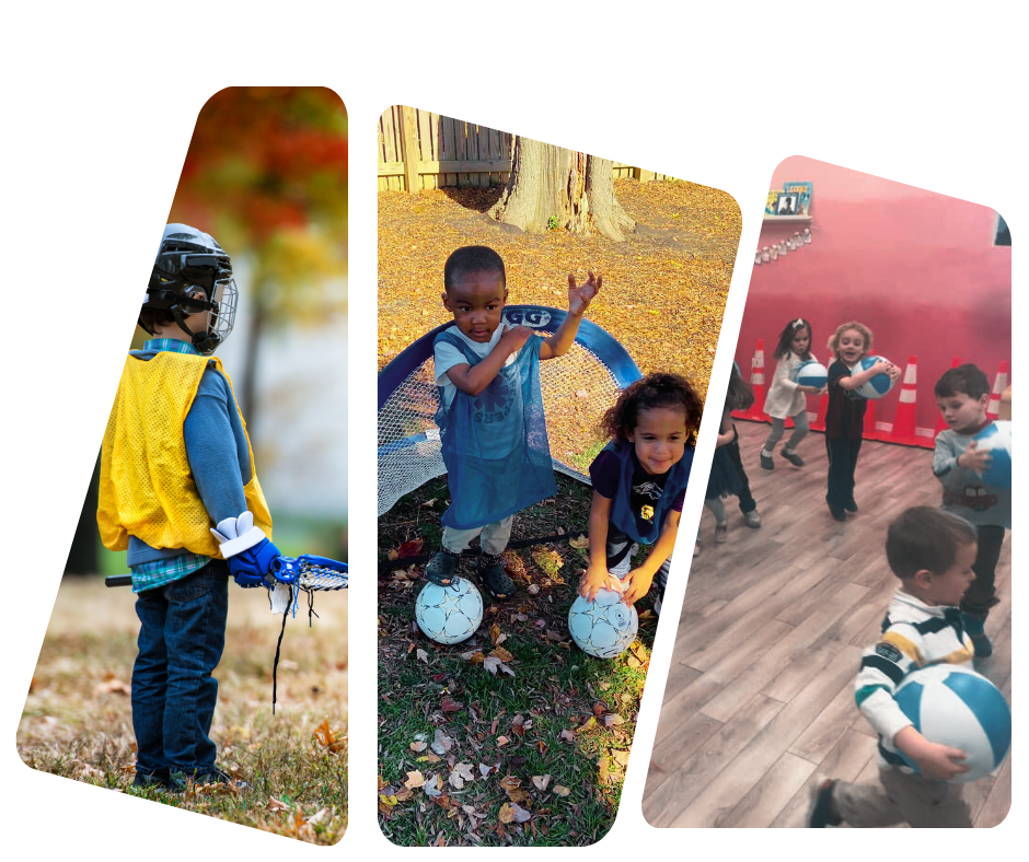 Dynasty Sports Academy young athletes  in lacrosse gear, two kids with soccer balls, and kids dancing with a ball
