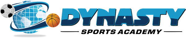 Logo for Dynasty Sports Academy with globe, soccer, and basketball.